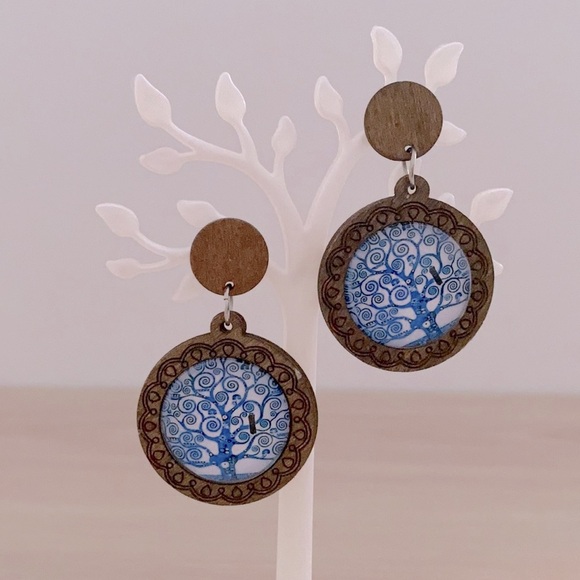 Tree of life wooden blue earrings - Picture 1 of 5